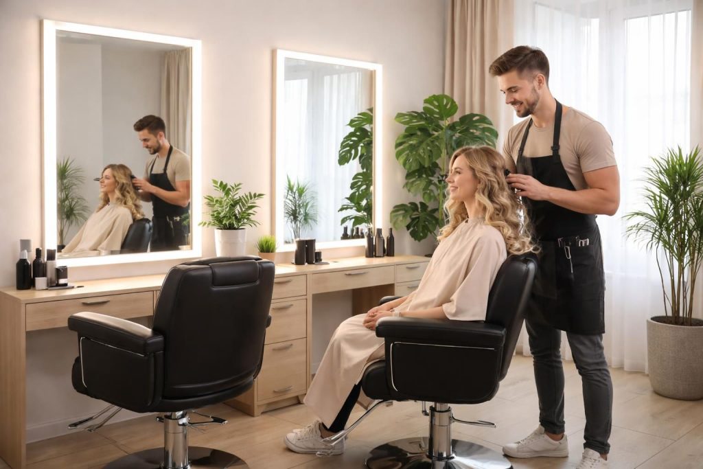 découvrez un salon de coiffure à domicile équipé de fauteuils confortables et de miroirs led pour une transformation de votre apparence en toute sérénité.